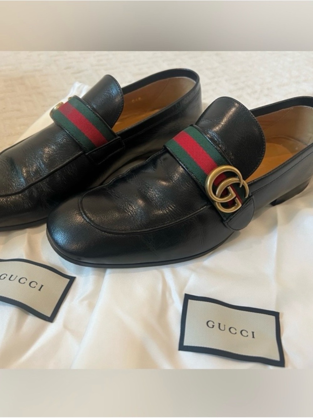 Gucci Black Leather Loafers with Green and Red Web and Gold Horsebit - Picture 2 of 4